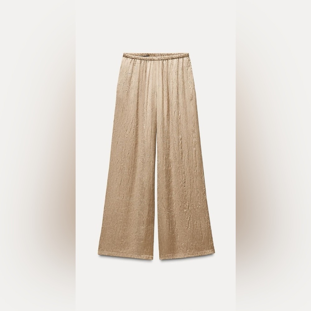 Zara Wide-Leg Crinkle Pants in Beige
